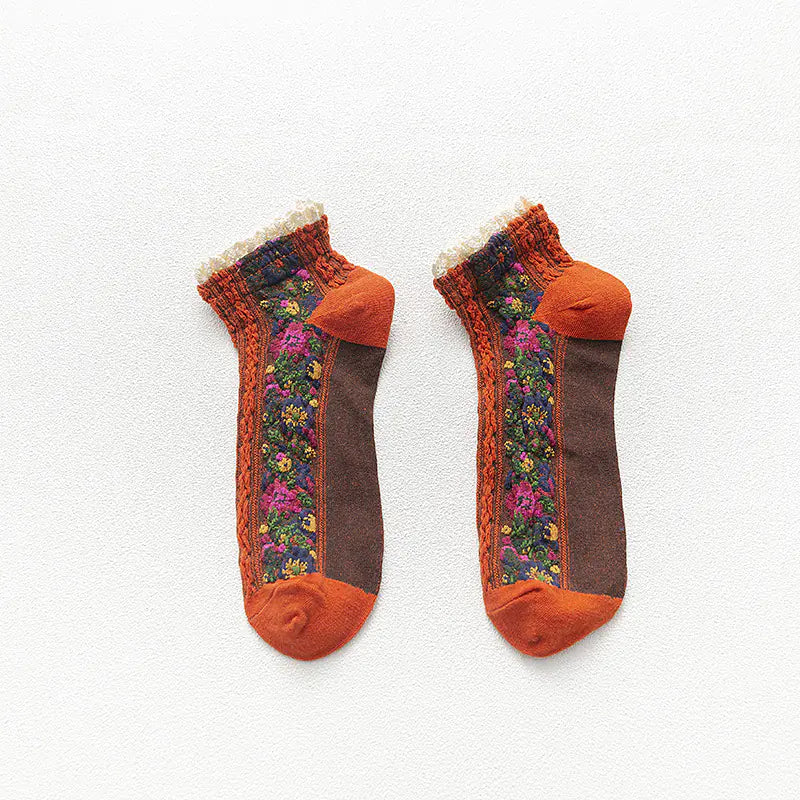 Women's Retro Floral Lace Cotton Boat Socks