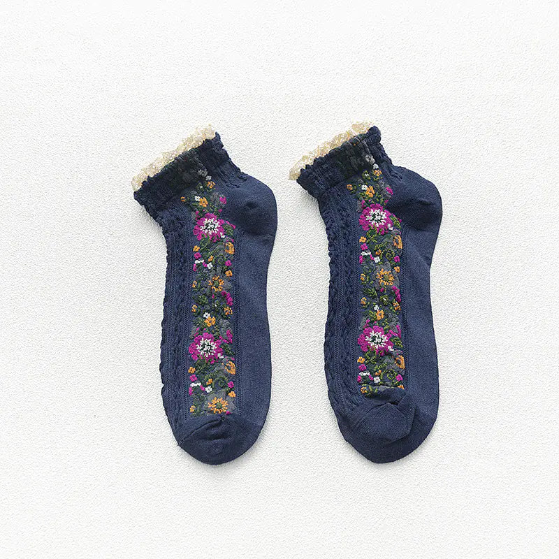 Women's Retro Floral Lace Cotton Boat Socks