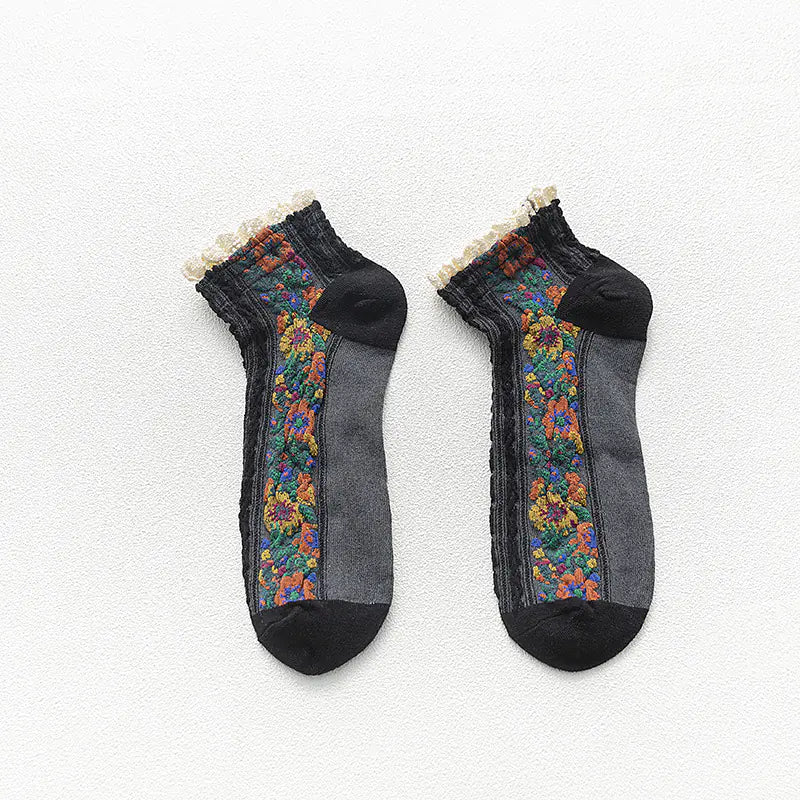 Women's Retro Floral Lace Cotton Boat Socks