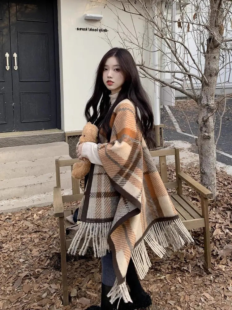 UK Plaid Chic Shawl Cape for Women