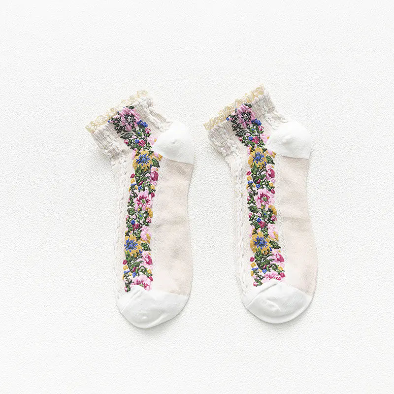 Women's Retro Floral Lace Cotton Boat Socks