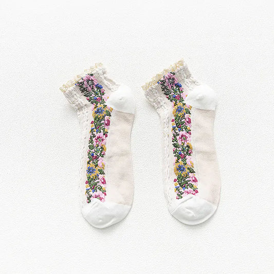 Women's Retro Floral Lace Cotton Boat Socks
